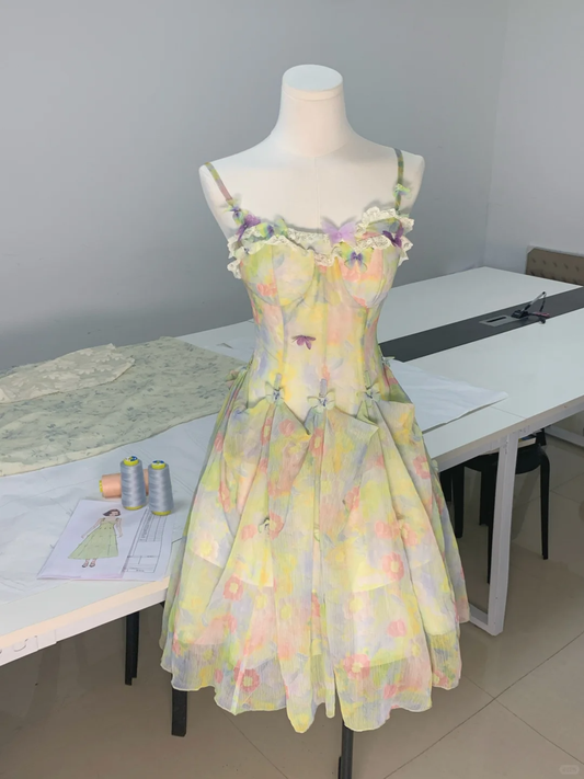 Chic Spaghetti Straps Chiffon Print Floral A Line Short Prom Dress Homecoming Dress cc3444