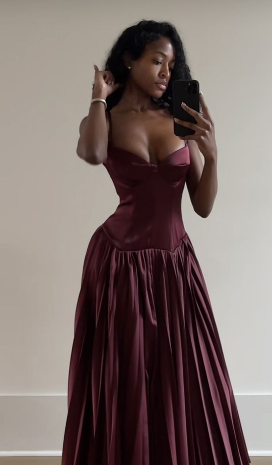 Vintage Burgundy A Line Party Prom Dress，Spaghetti Straps Satin Evening Gown cc2472