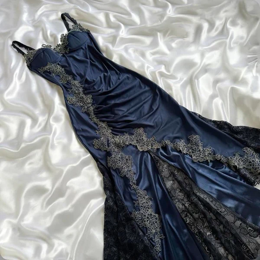 Vintage Navy Blue Satin Lace Appliques Mermaid Evening Dress,Long Party Prom Dress cc2936