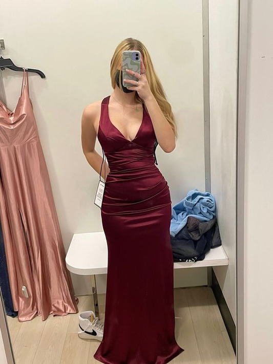 Burgundy Satin Plunging V- Neckline Long Evening Dress, Prom Dresses, Evening Party Dresses cc553