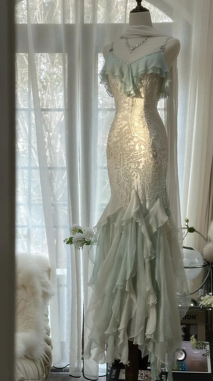 Classy Light Green Chiffon Beaded Mermaid Prom Dress,Spaghetti Straps Party Evening Dress cc2966