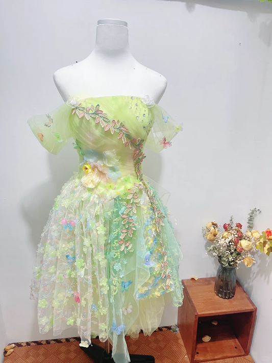 Cute Light Green Tulle Appliques Mini Homecoming Dress Off The Shoulder A Line Short Party Dress cc3314