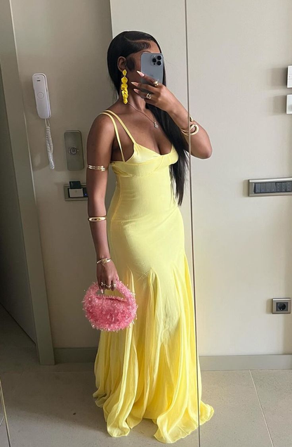 Sexy Spaghetti Straps Yellow Tulle Chiffon Prom Dress A Line Party Dress cc2391