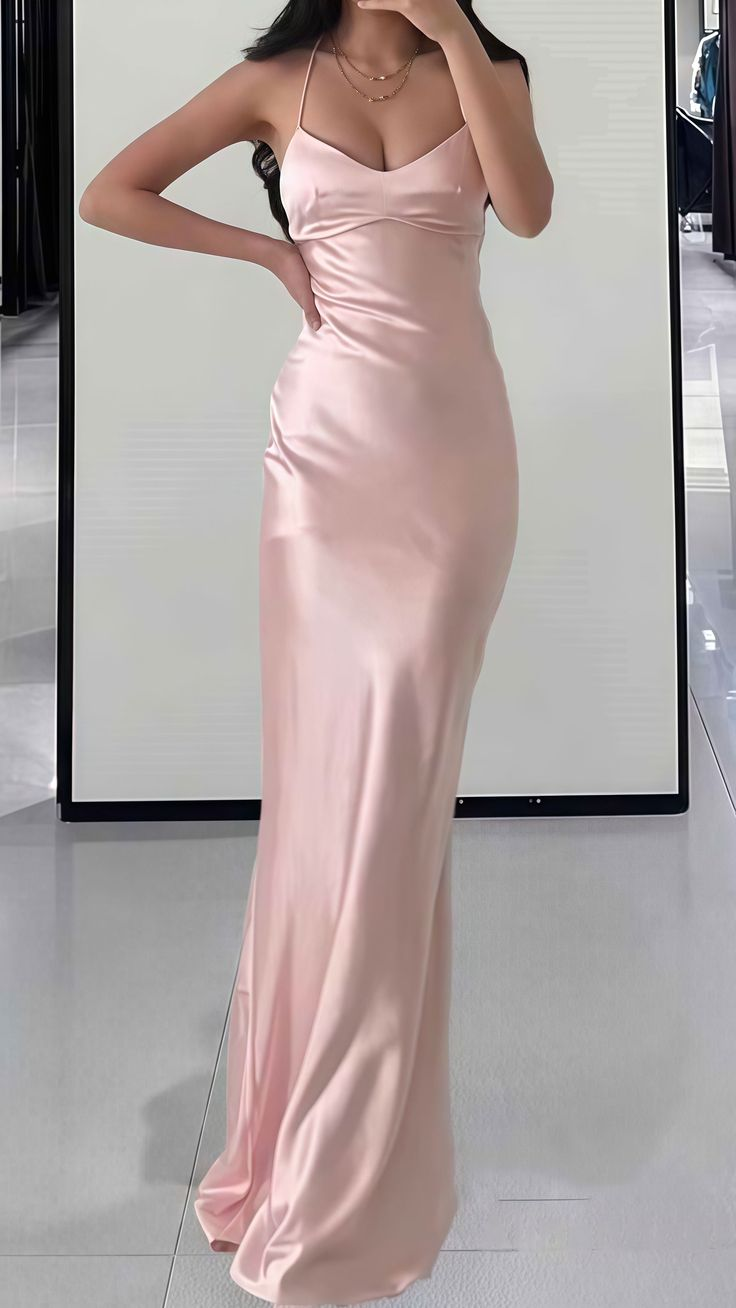 Simple Straps Pink Sheath Long Party Evening Dress cc2583