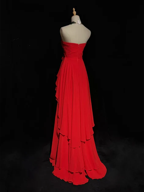 Chic Red Chiffon Appliques Layered Party Dress Elegant Prom Evening Gown cc2193