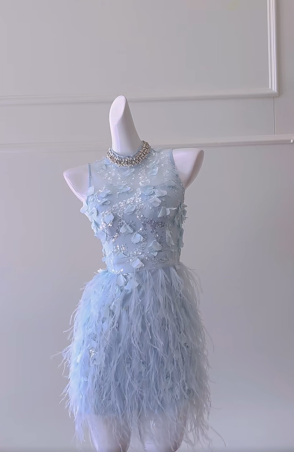 Cute Sky Blue Sleeveless Sequin Feathers Sheath Homecoming Dress Birthday Outfits cc3170