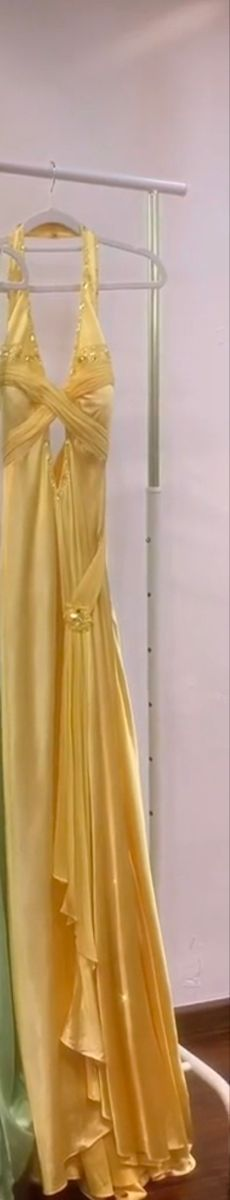 Yellow Halter Satin Beaded Mermaid Prom Dress，Slit Long Party Evening Dress cc2868