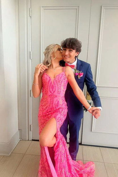 Pink Mermaid V-neck Sequined Long Prom Dress, Evening Dress With Slit cc1203