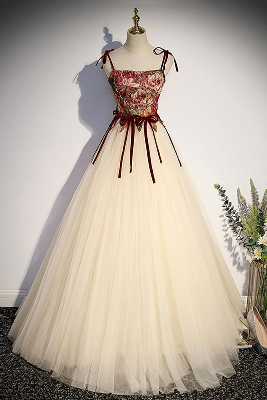 Vintage Spaghetti Straps Tulle A Line Ball Gown Champagne Formal Prom Dress cc2443