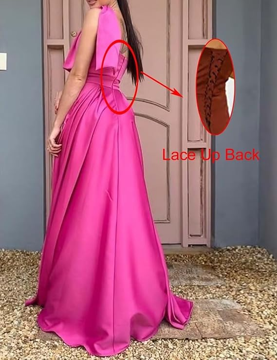 Women's One Shoulder Pink Satin Long Evening Dress  cc605