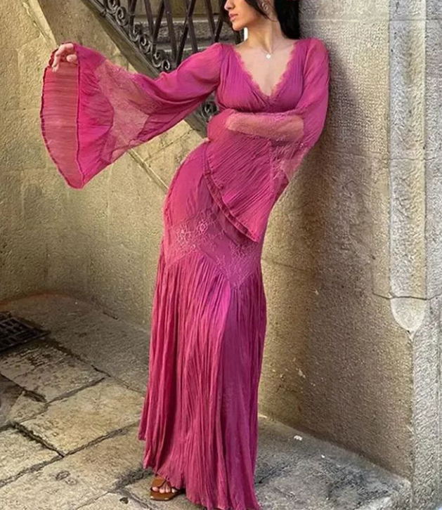 Pink Chiffon Lace Party Dress Elegant Long Prom Dress cc2232