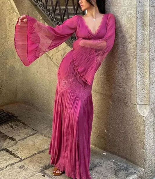 Pink Chiffon Lace Party Dress Elegant Long Prom Dress cc2232