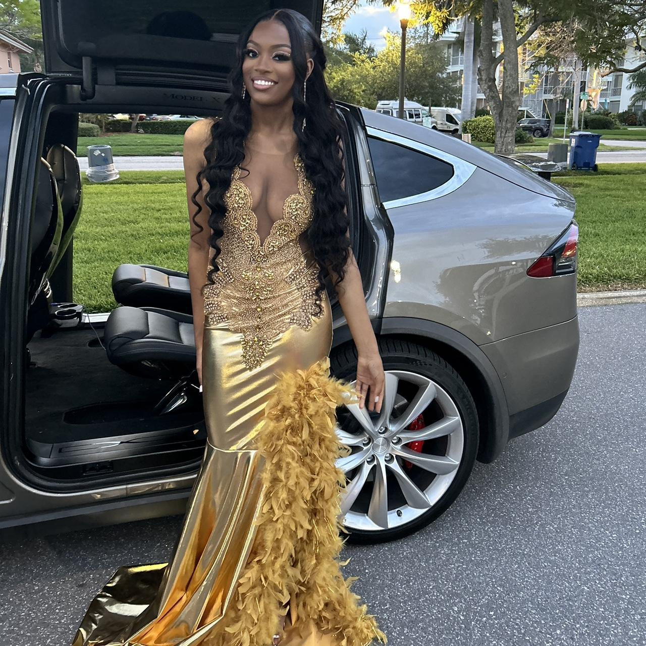 Luxurious Feathers Beaded Mermaid Evening Dress Gold Long Slit Prom Party Dress  cc2459