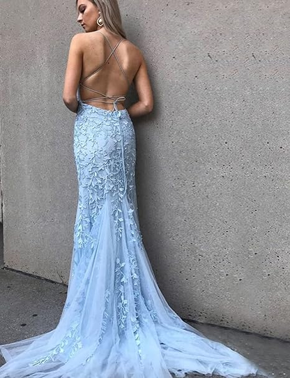 Pink Mermaid Lace Tulle Prom Dress Lace-up Back Evening Dress cc503