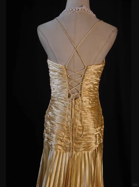 Gorgeous Gold Satin Pleated Party Prom Dress，Formal Evening Gown With Beaded cc2403