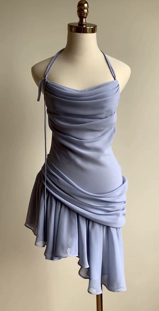 Elegant Irregular Blue Chiffon Mini Party Dress Formal Homecoming Dress cc3202