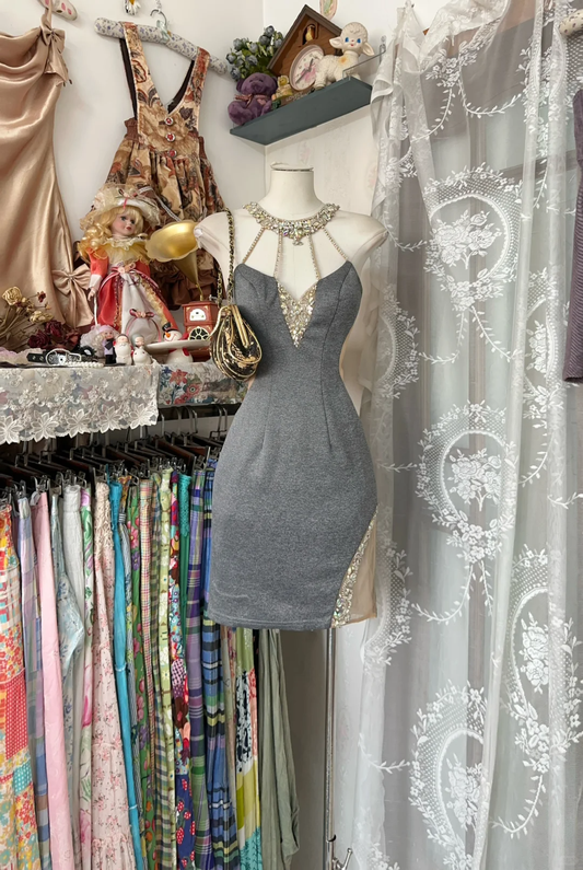Vintage Gray Sleeveless Satin Beaded Sheath Cocktail Dress Mini Homecoming Dress  cc3142