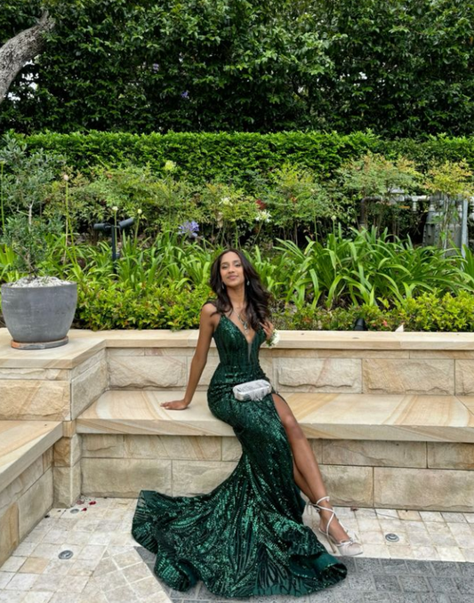 Luxury V Neck Print Mermaid Slit Evening Dress Long Prom Dress cc1918