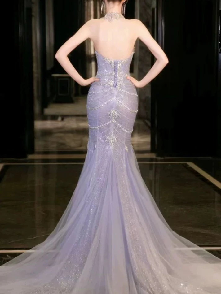 Luxury Lilac Mermaid Strapless Tulle Beaded Long Prom Dress,Evening Dress cc2537