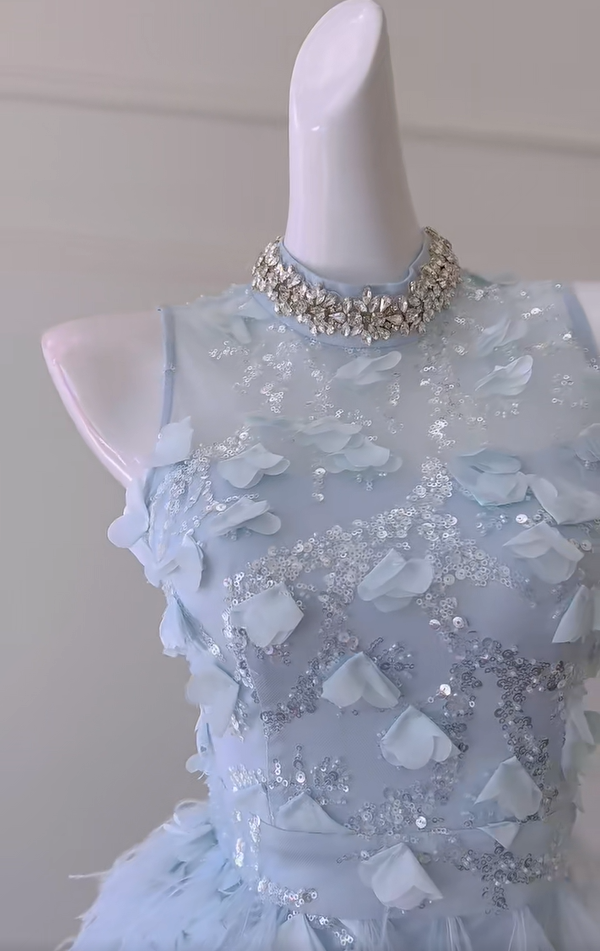 Cute Sky Blue Sleeveless Sequin Feathers Sheath Homecoming Dress Birthday Outfits cc3170