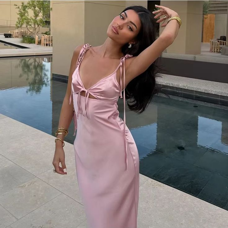 Sexy Sheath Spaghetti Straps Pink Satin Evening Dress Prom Dress cc2400