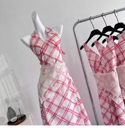 Red White Grid French A Line Vacation Dress Birthday Dress cc3057
