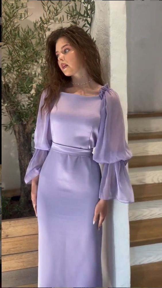 Lavender Puff-Sleeve Sheath/Column Evening Dress ,Winter Party Outfit Aesthetic cc594