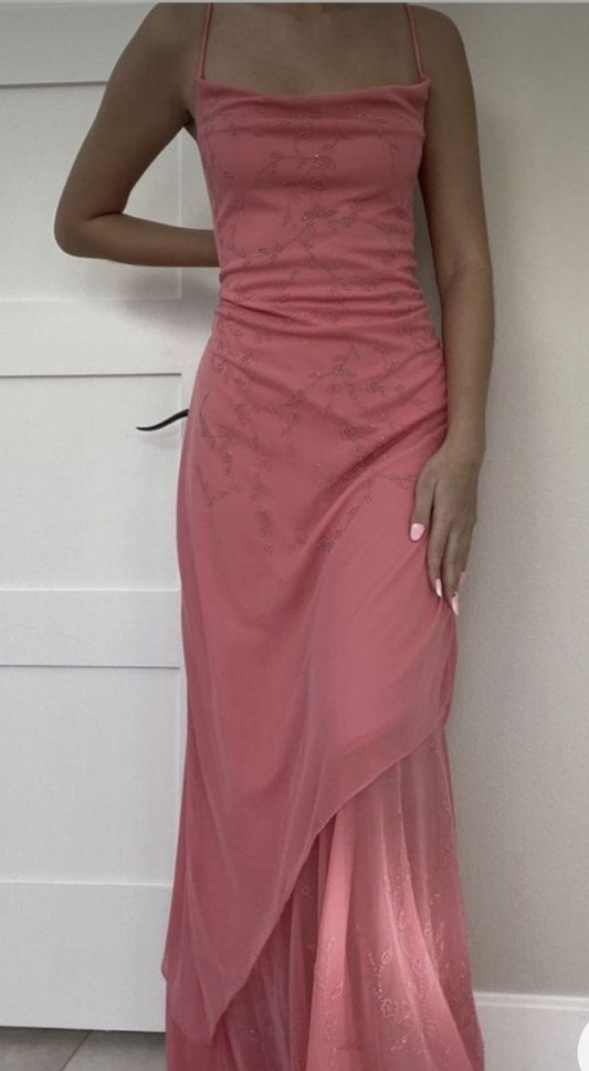 Classy Spaghetti Straps Pink Sheath Long Chiffon Prom Dress Party Evening Gown cc1796