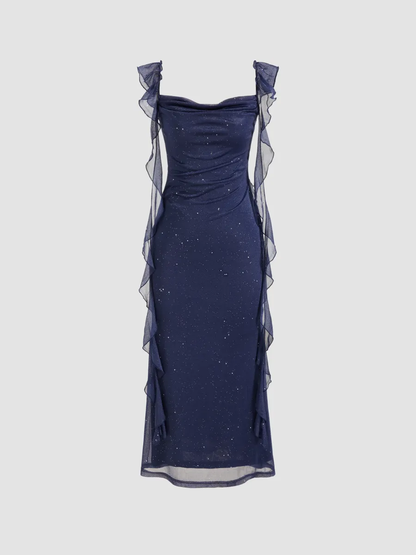 Shiny Navy Blue Chiffon Ruffles Long Prom Dress Elegant Evening Dress cc1551