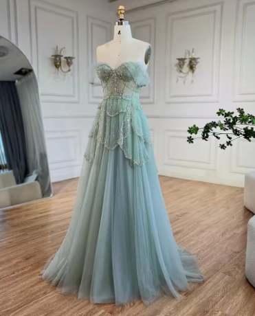 Off The Shoulder Tulle Beaded Evening Dress,Shiny Sage Green Prom Party Dress cc2584