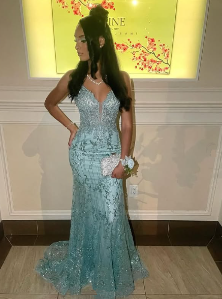 Charming Spaghetti Straps Tulle Lace Mermiad Prom Dress Blue V Neck Prom Evening Gown cc2445