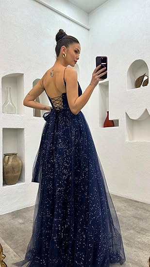 Shiny Navy Blue A-line V Neck Tulle Prom Dress With Slit cc962