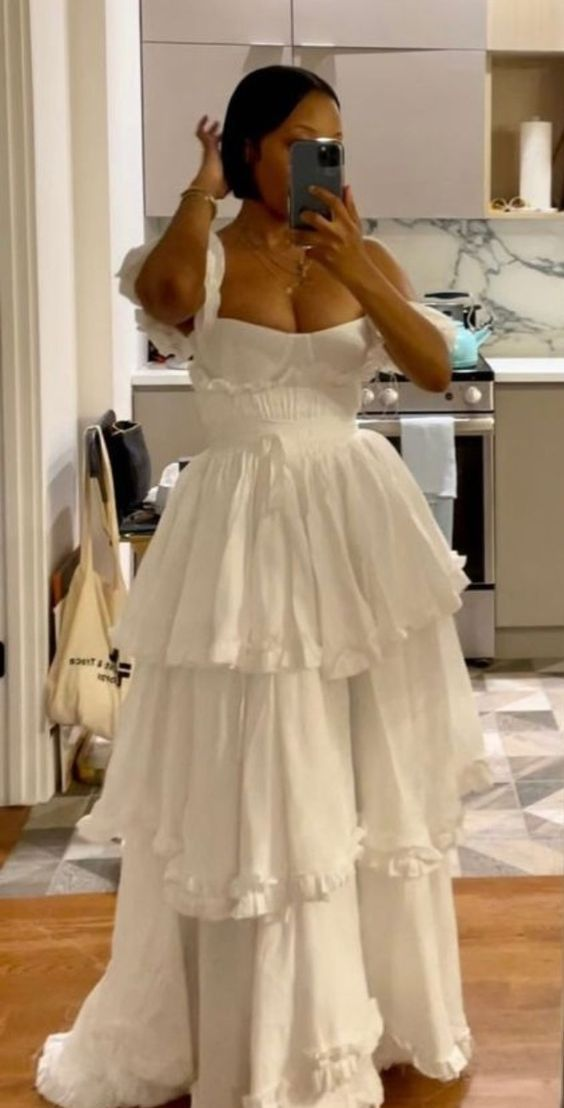 Elegant White Straps Ruffles Floor Length Prom Dress A Line Layered Party Evening Dress cc2405