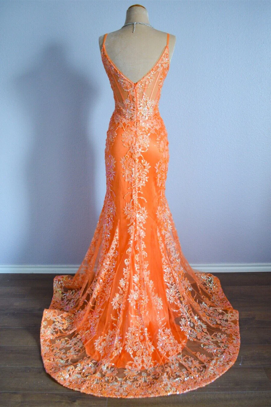 Orange Mermaid Spaghetti Straps Sequins Applique Long Prom Dress  cc1002