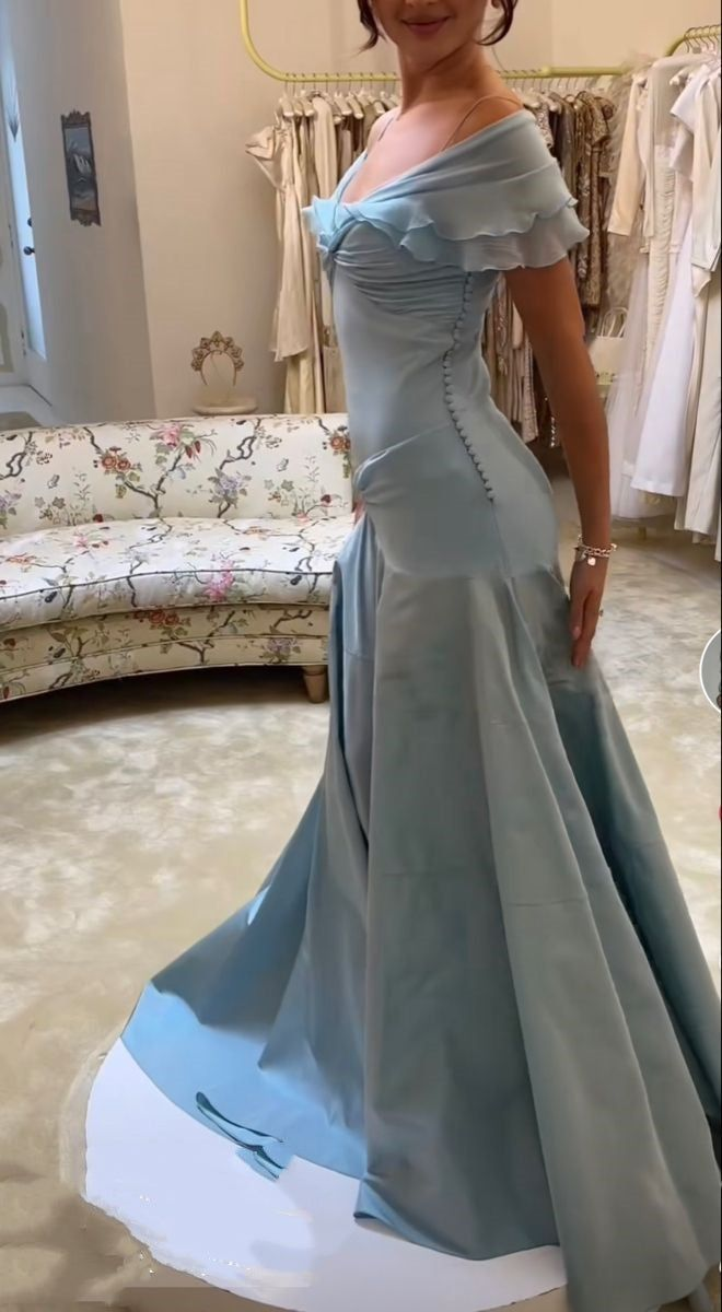 Elegant Light Blue Off The Shoulder A Line Prom Evening Dress cc2176