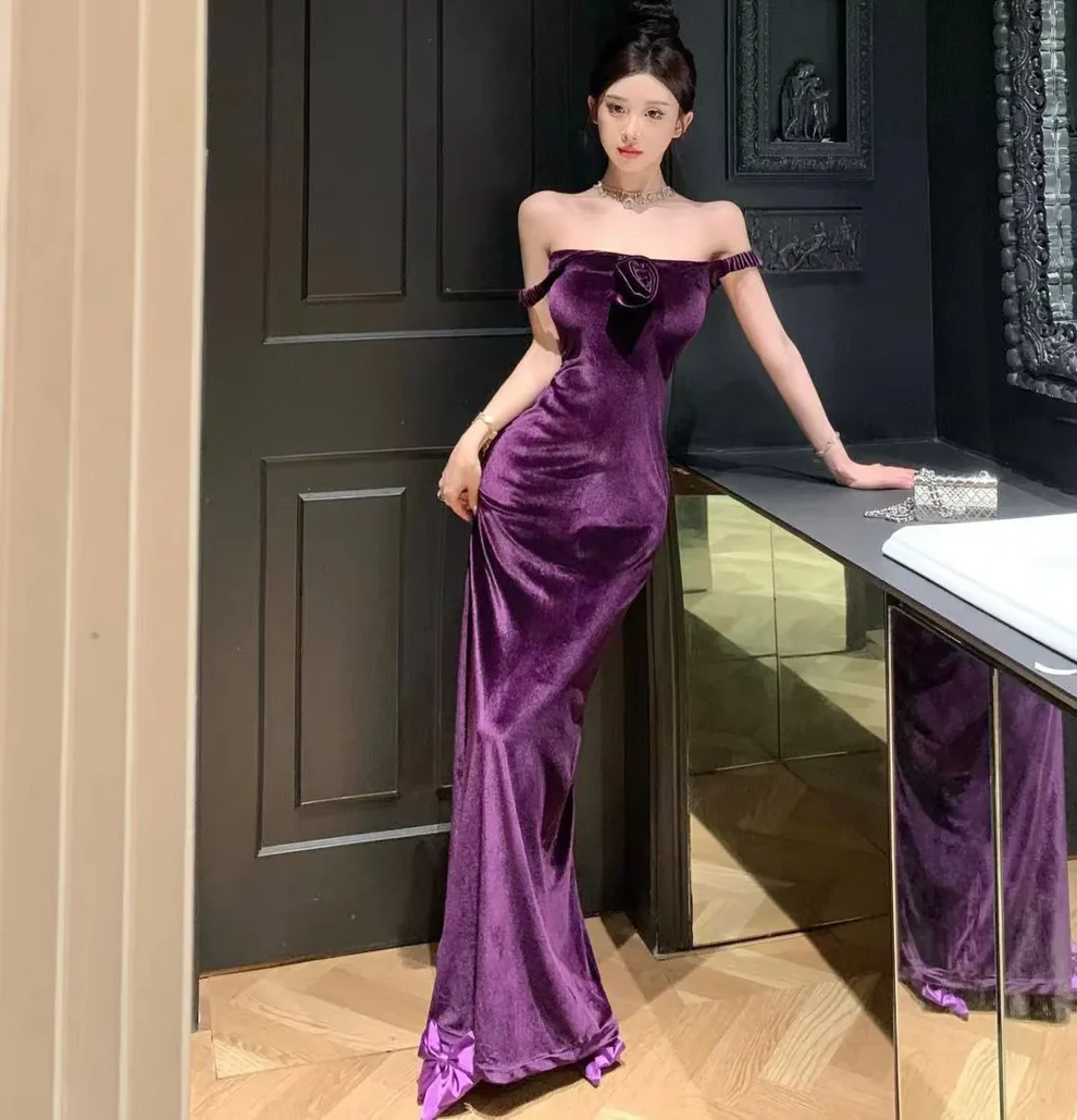 Purple Elegant Off Shoulder Mermaid Evening Dress,Velvet Slit Mermaid Party Prom Dress cc2604