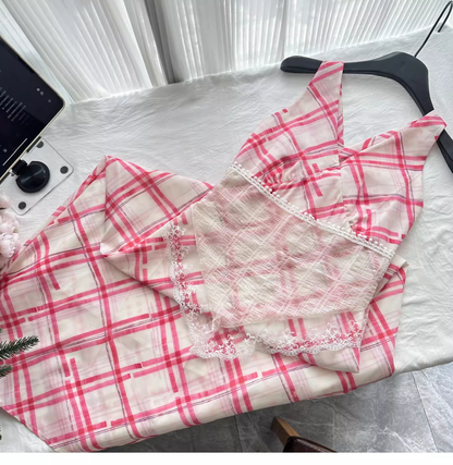 Red White Grid French A Line Vacation Dress Birthday Dress cc3057