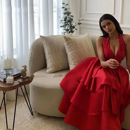 Red Prom Dresses Saudi Arabia Dubai Evening Dress V-Neck Tiered A-Line Sleeveless Floor-Length cc598