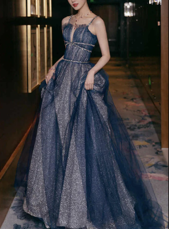 Shiny tulle long A line prom dress blue evening dress C2379