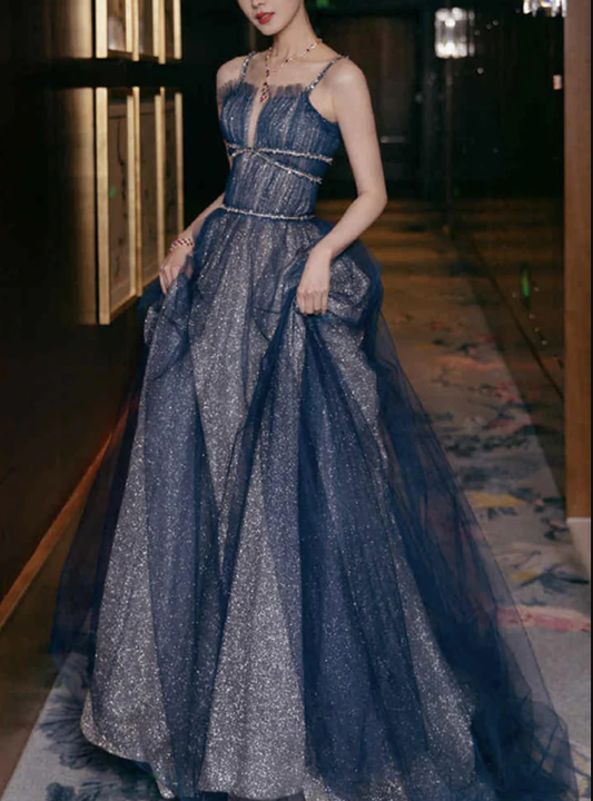 Shiny tulle long A line prom dress blue evening dress C2379