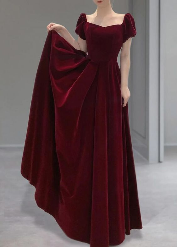 A Line Burgundy Velvet Long Prom Dresses cc924