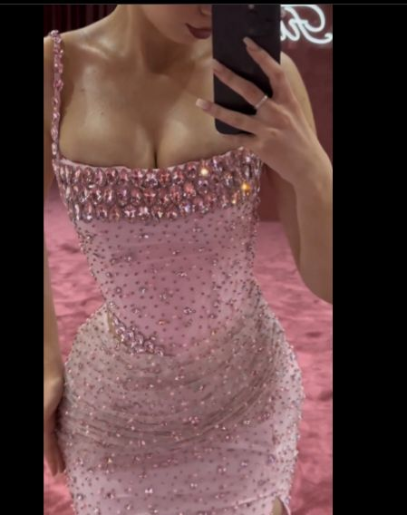Gorgeous Pink Beaded Mermaid Slit Prom Dress Evening Dress cc2500