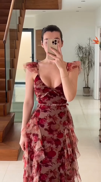 Unique Tulle Chiffon Rose Floral Print Ruffles Party Evening Dress A Line Prom Dress cc1432