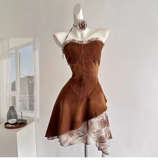 Vintage Strapless Women's Brown Denim Short Party Dress cc3063