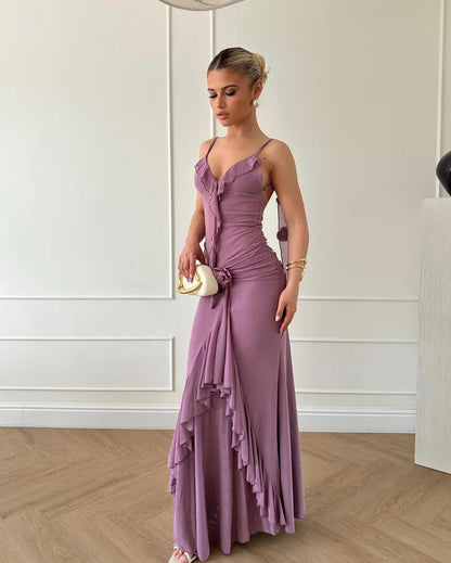 Simple Purple Chiffon Mermaid Ruffles Evening Dress Party Dress cc3008
