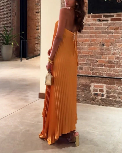 Sexy Halter Pleated Evening Dress Orange Sleeveless  Party Prom Dress cc2408