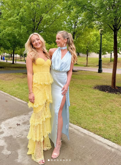 Sexy Yellow Lace Layered Slit Prom Dress Spaghetti Straps Long Party Evening Dress cc1530