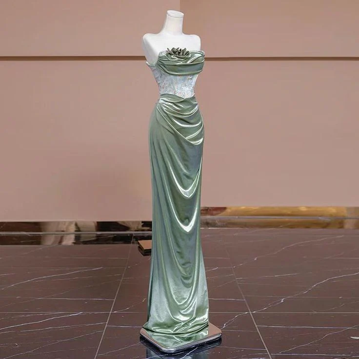 Elegant Light Green Satin Long Prom Dress Strapless Party Evening Dress cc2441