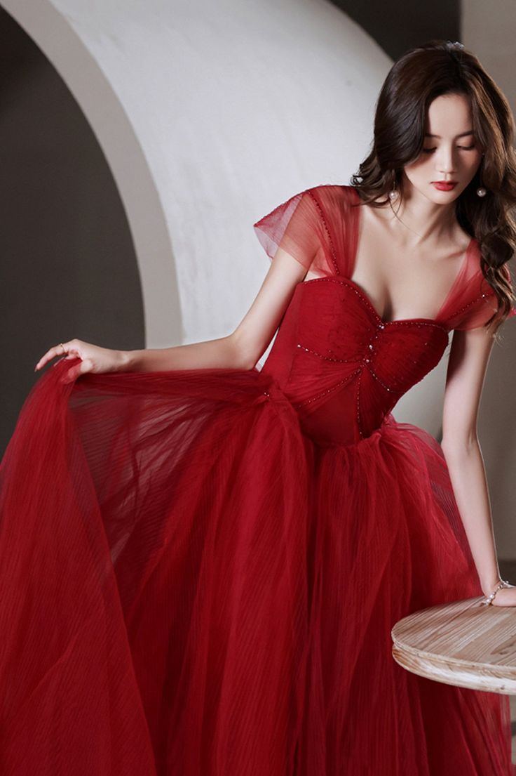 Red Tulle Long A-Line Prom Dress, Off the Shoulder Evening Graduation Dress cc1204