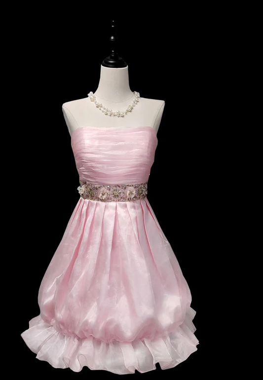 Unique Pink Strapless Tulle Beaded A Line Short Homecoming Dress 16th Birthday Outfits cc3452